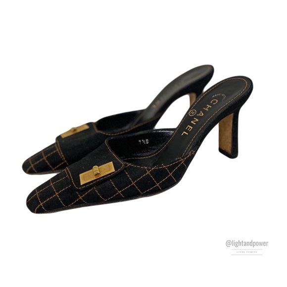 CHANEL Shoes - Chanel Black Canvas Stitch Detail Mules Size 37.5